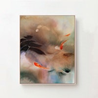 an abstract painting of a koi fish hanging on a wall