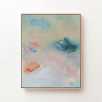 an abstract painting on a wall with blue and pink colors