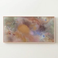 an abstract painting hanging on a wall