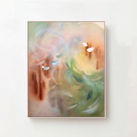 an abstract painting hanging on a wall