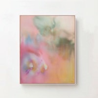 a pink, yellow, and green painting on a white wall