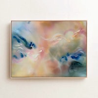 an abstract painting hanging on a wall