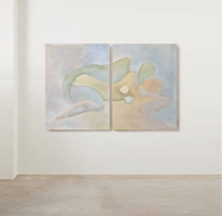 two paintings hanging on a wall in an empty room